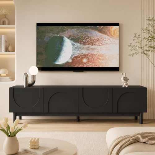 OLIVIBED TV Cabinet Stand 169cm, Media Console with 4 Doors and Storage, TV Stand for 55/60 / 65 Inch, Modern TV Cabinet for Living Room, Bedroom, Black, 169x34x45.5cm