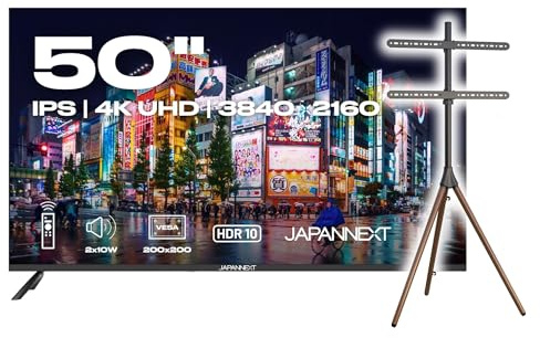 JapanNext Bundle : Monitor PC Gran Formato 50 IPS 4K UHD (3840x2160) (+) Soporte Trípode de Madera para TV y Monitor 32-65 Pulgadas