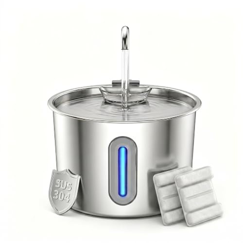 Edelstahl Trinkbrunnen für Katze 2.2L mit Sichtfenster ＆ 2 Aktivkohlefilter | Leise / Für Kleine Hunde / 1 Reinigungsbürste