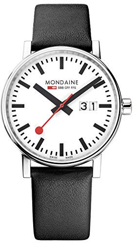 Mondaine - Evo2 MSE.40210.LB - Herrenuhr 40mm - Bahnhofsuhr in Silber Datumsanzeige schwarzem Lederarmband - 30m Wasserdicht Saphirglas mit rotem Sekundenzeiger - Hergestellt in der Schweiz