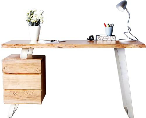 DELIFE Bürotisch Live-Edge Akazie Natur 150x60 cm massiv Baumkante 3 Schübe Schreibtisch