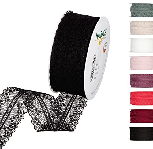 Halbach Spitzenband, 36 mm x 15 m, schwarz | Waschbare und wetterfeste Spitzenborte als Meterware auf der Rolle, zum Nähen, Basteln oder für Hochzeits-/ Tischdekoration