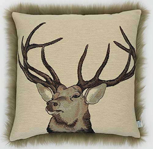 Stoffeldorado - Kissenbezug mit Reißverschluss, Gobelin Hirsch - Rückseite Fell Taupe 45 x 45 cm