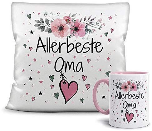 PR Print Royal Geschenk-Set aus Tasse und Kissen mit Füllung - Allerbeste Oma - Persönliche Geschenkidee für Beste Freunde, Verwandte und Familie - weiß/rosa