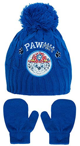 Paw Patrol Jungen Strickmütze + Fäustlinge Winter Set mit wendbaren Pailletten Marshall oder Chase Gr. 12-18 Monate, blau