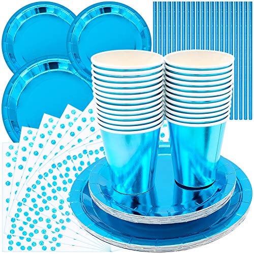 99 Stück Party Geschirr Set, Pappteller Geburtstag Set Blau Papier Einweggeschirr Partygeschirr set, Pappelplatten, Tasse, Servietten, Strohhalme Partei Liefert für Geburtstags und Hochzeits Deko