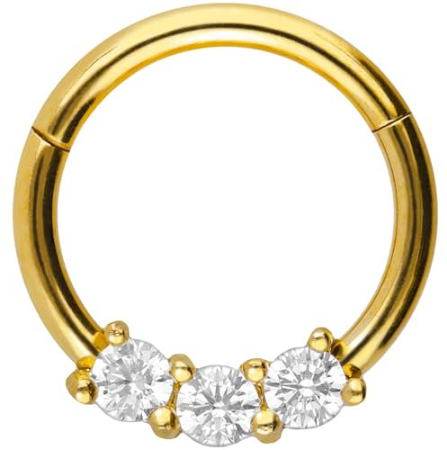 PIERCINGLINE Segmentrg-Clicker mit 3 Kristallen Chirurgenstahl Piercing Ohr Septum Tragus Helix Goldfarben