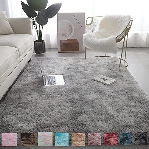Flauschiger, zotteliger Plüsch-Teppich, weiche Dekoration, für Schlafzimmer, Wohnzimmer, Kinderzimmer, Boden, flauschige Zottelmatte, waschbar, Kunstfell-Matten, 140 x 200 cm, Hellgrau