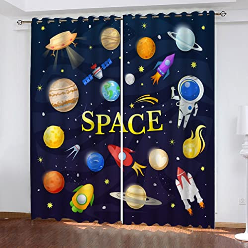 Lolosale Vorhang Blickdicht mit Ösen Planet Rakete Stern Verdunkelungsvorhang 2er Set Weltraum-Science-Fiction Polyester Schallschutz Gardinen für Jungen Kinderzimmer vorhänge B 110 X H 95, Color3