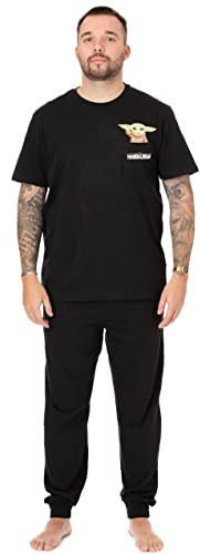 Star Wars The Mandalorian Mens Pyjamas | Baby Yoda Loungewear Pants and T-Shirt Black Complete PJ Set | Adults Black Short Sleeve Tee Long Leg Bottoms Pajama Nightwear Sci-fi Merchandise Gift for Him