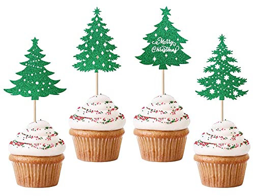 24 Stück Weihnachtsbaum Cupcake Toppers mit Stern Weihnachtsbaum Cupcake Picks fröhliche Weihnachten Thema Kuchendekorationen für Weihnachten Neujahr Urlaub Kinder Geburtstag Party Kuchen Dekorationen