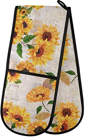 Double Oven Glove Vintage Sunflower Heat Resistant Double Ovens Mitt Modern Cooking Gloves Potholders