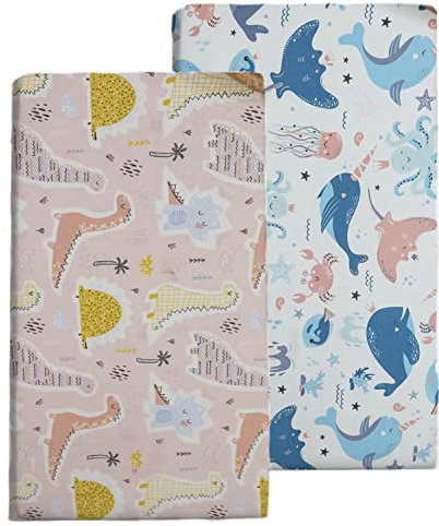 Baby Spannbettlaken Kinder Spannbetttuch 2er Pack, 60 x 120 cm Baby Spannbetttuch für Jungen, Weich Mikrofaser Spannbettlaken für Babybett Kinderbett (Eine wal-Mama + Dinosaurier)