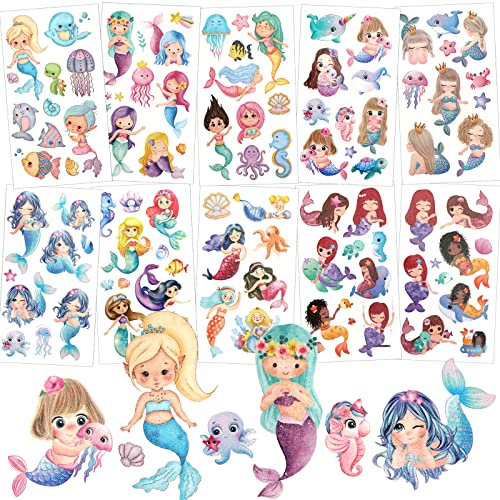 HOWAF Meerjungfrau Tattoo Kinder Mädchen, 10 Blätter Meerjungfrau Temporäre Tattoo Set Glitzer Tattoo Sticker Meerjungfrau Tattoo Meerjungfrau Kinder für Meerjungfrau kindergeburtstag Party Geschenke