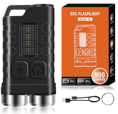 Minflower Mini EDC Flashlight, 900 High Lumen Keychain Flashlights, Rechargeable Pocket LED Flashlight with Red UV Blue Light - 12 Modes, IP65 Water Resistant, USB-C, Tail Magnet (Black)