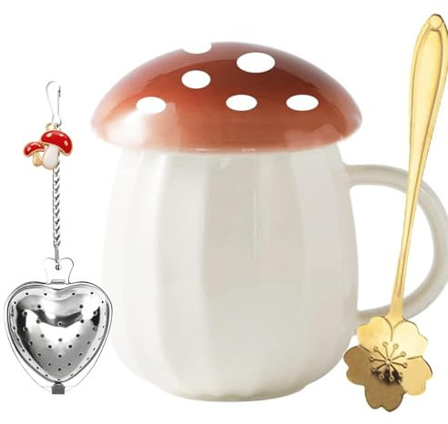 Kawaii Niedliche pilztasse kaffee tasse Set Pilzsachen für Kaffee Tee Tassen pilz Tasse mit Deckel Geschenke für Mädchen Frauen Geburtstag Weihnachten Heimdekoration (Braun)