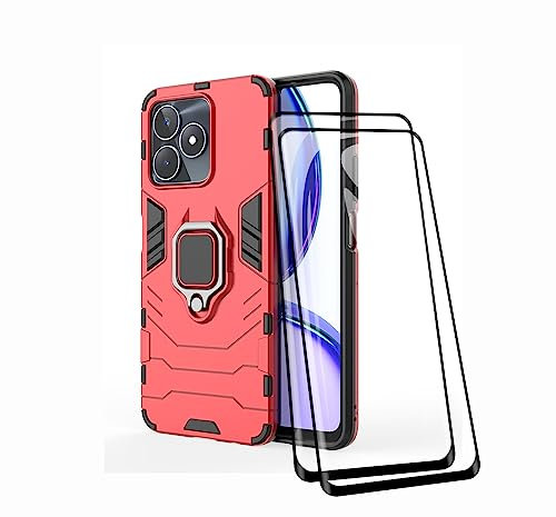 TEYYOS Funda + [2 Piezas] Protector de Pantalla para Realme C53, TPU/PC Antigolpes Armor Protección Carcasa [360° Soporte] con 9H Dureza Vidrio Templado Protector, Rojo