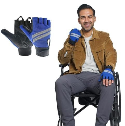 Inspired Comforts Rollstuhl-Handschuhe, fingerlos, voller Daumen mit rutschfestem Griff, atmungsaktiv und reflektierend (Schwarz/Blau, XL)
