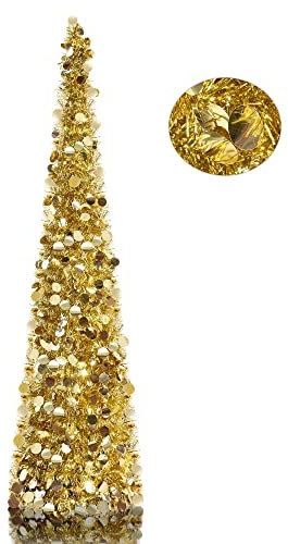 ZYMEN 5'Roter Lametta Pop-Up Künstlicher Weihnachtsbaum, zusammenklappbarer Bleistift-Weihnachtsbaum mit Pailletten-Akzenten für den Weihnachtsbaum (Gold) Commemoration Day