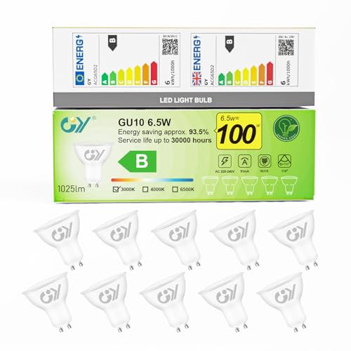 GY GU10 LED Warmweiss Lampe 6.5W 3000K 1025 Lumen Warmweiß Leuchtmittel, LED GU10 Energiesparlampe 100W Halogenlampe ersetzt, Nicht Dimmbar Birnen,10 stück