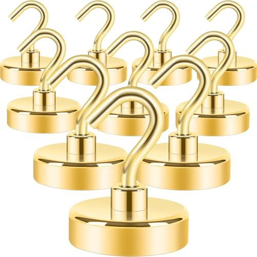 Neosmuk Magnetic Hooks Heavy Duty,Strong Magnet with Hook for Fridge, Super Neodymium Extra Strength Industrial Hooks for Hanging, Magnetic Hanger for Toolbox, Cruise, Grill(Golden,10 Pack)