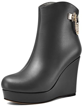 Castamere Donna Alto High Zeppa Piattaforma Tacco Heel Rotonda Punta Stivaletti Cerniera Catena Metallo Slip-on Dress 10 CM Heels Nero 38 EU