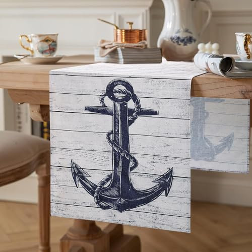 Serento Grau Streifen Anker Tischläufer 40 x 140 cm Leinen Modern Bauernhaus Dekorativ Drinnen und Draußen für Esstisch Party Hochzeit