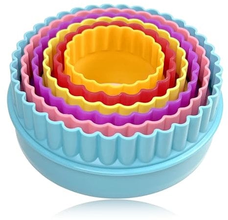 Juego de cortadores de galletas de dos lados, juego de cortadores de galletas de plástico, varios tamaños, cortadores de formas de frutas, verduras, color aleatorio (forma redonda, paquete de 6)