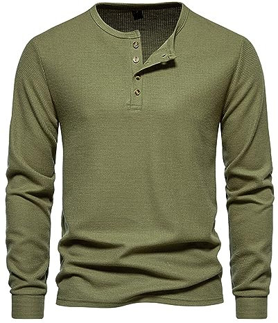 Long Sleeve T Shirt Mens Casual Henley Shirt Button Round Neck Pullover Tops Dressy Solid Colour Waffle Tees Regular-Fit Bottoming Shirt Army Green