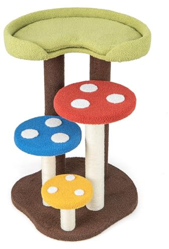 GOPLUS Árbol de Gato con Forma de Seta, Árbol Rascador 3 Postes de Sisal Completamente Envueltos, Plataformas y Cojines Extraíbles, Torre de Escalada para el Hogar, Tienda de Mascotas (94 cm)