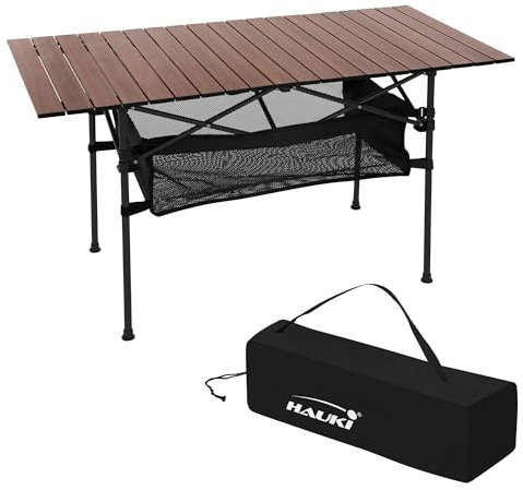 Hauki Campingtisch faltbar Braun, 118 x 55 x 64,5 cm, Aluminium Klapptisch, Aufrollbare Tischplatte, Falttisch klappbar, Gartentisch Balkontisch Reisetisch Rolltisch Markttisch inkl. Tragetasche