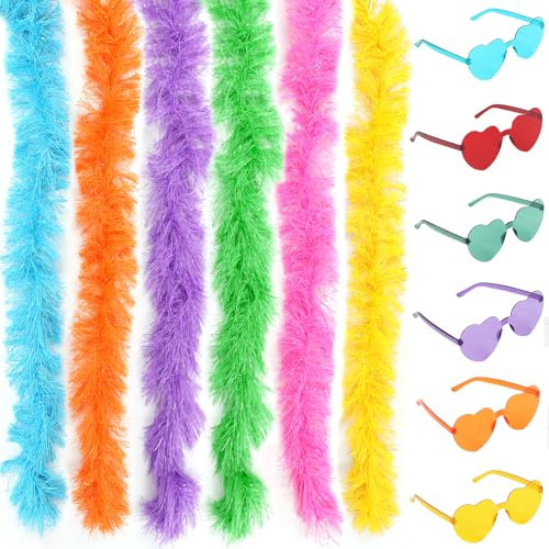 LACGO Lot de 6 Boas en Plumes et 6 Lunettes de Soleil Sans Monture - Artificiels Duveteux pour Filles et Femmes - en Forme de Cœur pour Fête, Carnaval, Halloween
