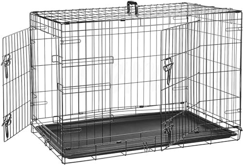 JupiterJx Metal Dog Crate Cage, Foldable Puppy Pet Cage With 2 Doors Easy Clean, Durable Dog Cage With Carrier Handle & Chew Resistant Plastic Base Tray For Dog Puppy Training (Black, 24)