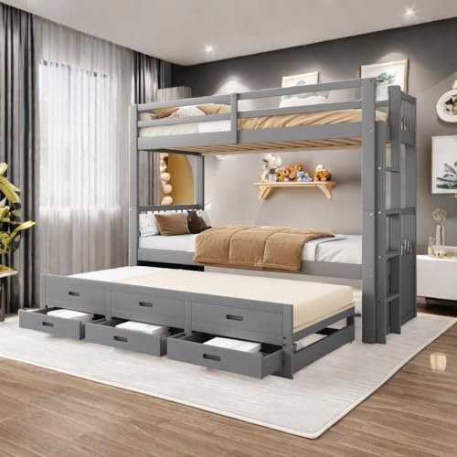 Letto a soppalco letto a castello per bambini letto matrimoniale con contenitore 90 x 200 cm, letto singolo per ragazze e ragazzi, struttura in pino e MDF con scala, 3 cassetti, grigio