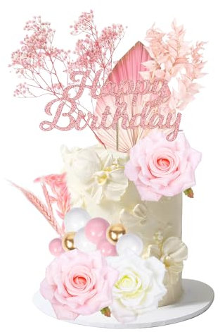 29Pcs Flower Cake Decorations, Happy Birthday Cake Toppers and Cake Balls Dried Flower Pink Cake Decorations for Birthday, Wedding Decorations