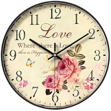 NUOVO 12 Inch Rose Flowers Wall Clock, Retro Country Pastoral Floral Style Clocks Battery Operated Quartz Silent Round Clock for Office, Living Room, Bedroom, Kitchen, Home