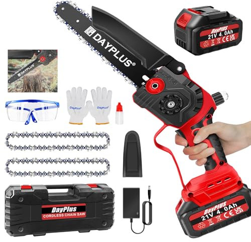 Tronçonneuse électrique sans fil de 8 pouces avec batterie 4000mAh, système d'auto-huilage et 2 chaînes, mallette de transport, verrou de sécurité, tronçonneuse manuelle pour couper les arbres