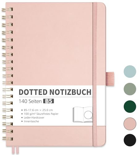RETTACY Notizbuch B5 Dotted, Bullet Dot Journal mit 100 g/m² Dickem Papier, 70 Blatt, Notebook für Büro und Schule, Lederhülle, Roségold, 17.6 cm x 25 cm