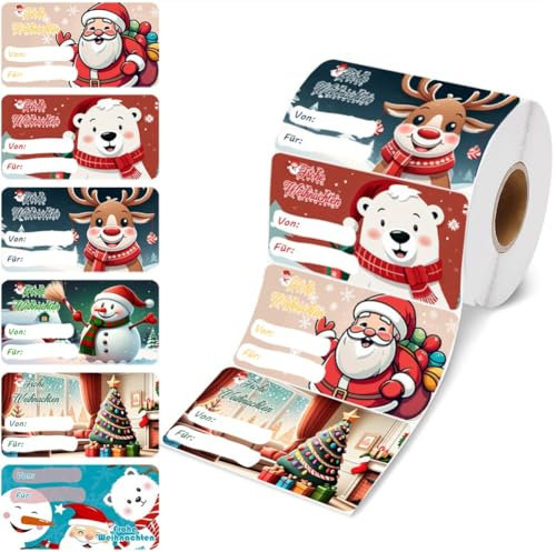 500 Stück/Rolle Selbstklebende Weihnachtsgeschenkanhänger Aufkleber, 6 Muster, Weihnachts Etiketten Namensschild, Dekorative Sticker für Geschenke
