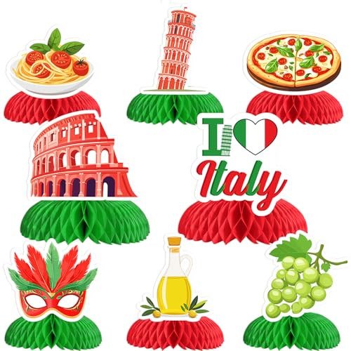 Funmemoir Décorations de fête italienne – 8 pièces de centre de table en nid d'abeille sur le thème de l'Italie, décorations de fête d'anniversaire italiennes, décorations de fête pizza italienne,