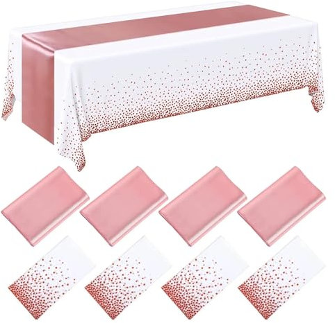 QAUUCP Nappe De Table Paquet de 8 nappes jetables et Chemin de Table en Satin Ensemble Nappe à Pois Chemin de Table en Satin for la décoration de fête de noël de Mariage(Rose Gold)