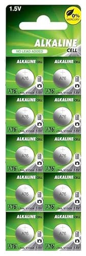 LR44 A76 Alkaline Batterien, quecksilberfrei, 10 Stück, Größe 11,60 x 5,40 mm, 1,5 V, Kapazität 110 mAh.