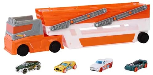 Hot Wheels HW Mega Hauler 4 Vehicles: 1:64 Scale Die-Cast Cars, Expandable Levels & Raceway, Red & Orange, Whimsical Style, Ages 3+