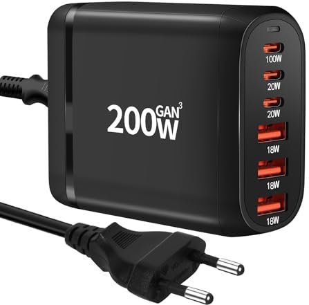 Chargeur USB C Multiple, 200W 6 Port Prise USB C Chargeur Rapide, Chargeur Multi USB USBC GaN Tech QC+PD Adaptateur pour Laptop MacBook Pro/Air iPad,iPhone Pro Max Plus Samsung Galaxy Huawei Xiaomi