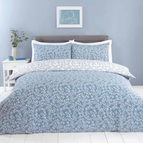 Sade Floral Duvet Covet Set in Blue King Size Bed Reversible