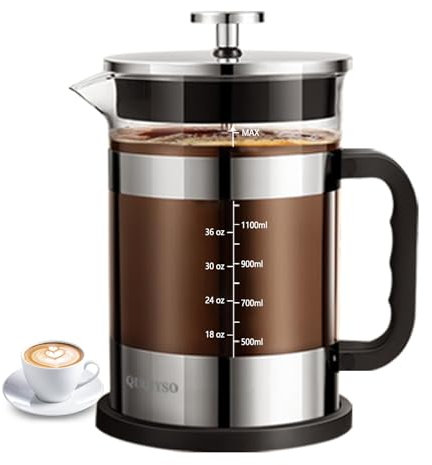 QUQIYSO French Press Kaffeebereiter, 1,5 l, 304 Edelstahl, französische Presse mit 4 Filtern, hitzebeständig, langlebig, leicht zu reinigen, Kaffeepresse aus Borosilikatglas, silberfarben