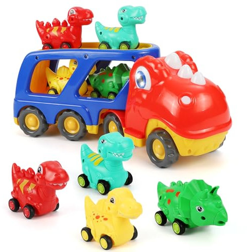 Weinsamkeit Jouet Camion Dinosaure Enfant avec Sons & Lumières de Rugissement, Jouet Garage Voiture pour Enfants Camion Transporteur, Dino Jouets Voitures Cadeaux pour Enfants Garçon Fille 3 4 5 Ans
