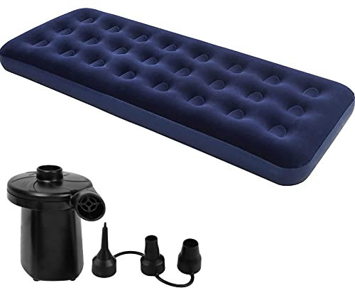 Crystals Single & Double Inflatable Airbed with Flocked Top, Waterproof Blow-Up Mattress, Electric or Foot Pump, Portable for Adults, Camping, Festivals, Travel (Single Airbed with Electric Pump)