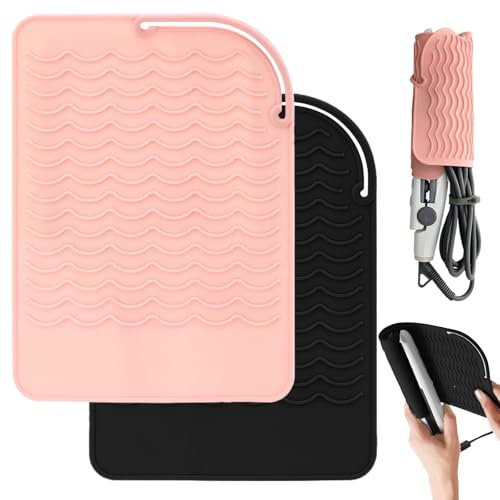 2 Piezas Funda de Silicona Resistente al Calor, Almohadilla Resistente Al Calor, Almohadilla de Protección de Viaje Antiquemaduras Funda Silicona Plancha Pelo (Rosa, Negro)
