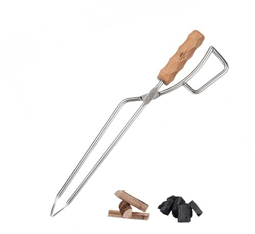 Campingmoon Kaminzange, 41,5cm Lange Edelstahl Kohlenzange mit Feuersicherem Buchengriff,Feuerzange & Grillzange Ideale für Outdoor, Camping & Grill, Kaminöfen